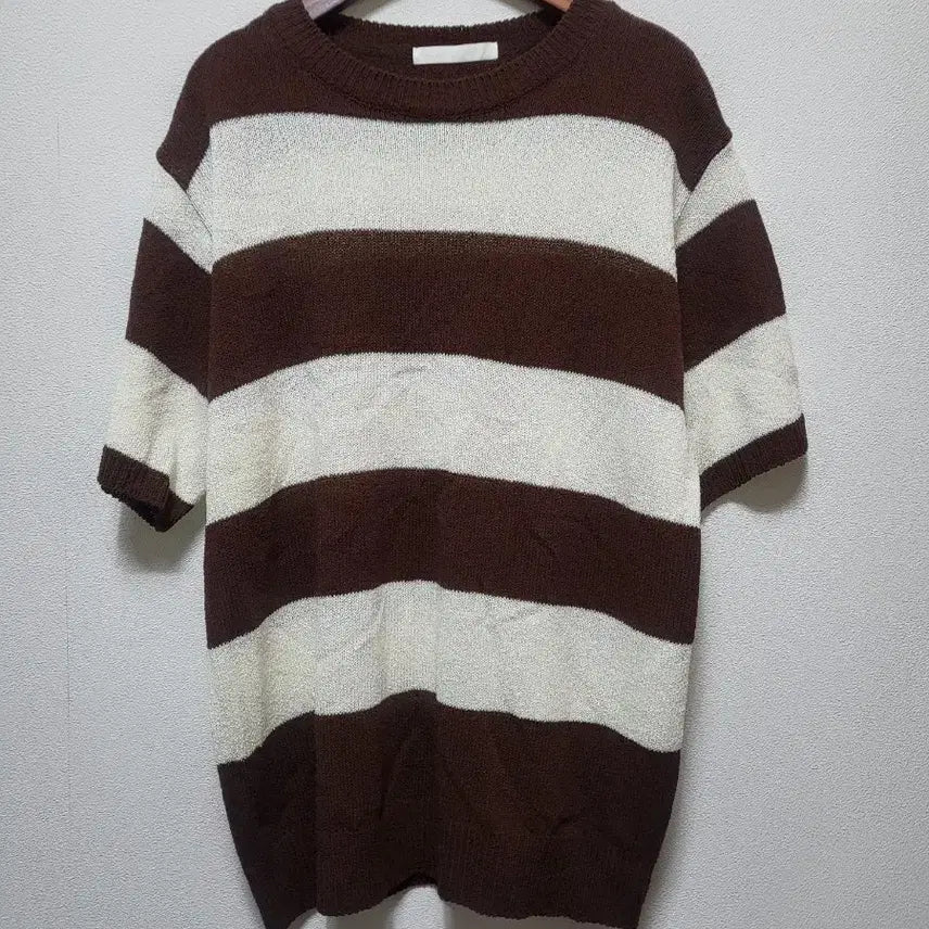 [BUNJANG] Striped Short Sleeve Knit T-Shirt (Brown/Ivory) / 72114 단가라 반팔 니트 갈색/아이보리 남