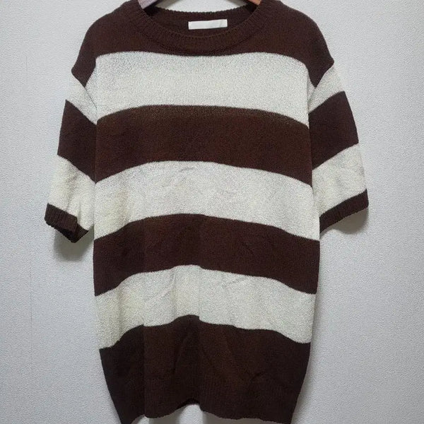 [BUNJANG] Striped Short Sleeve Knit T-Shirt (Brown/Ivory) / 72114 단가라 반팔 니트 갈색/아이보리 남