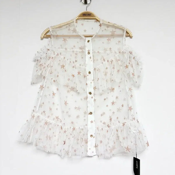 [BUNJANG] Star Seethrough Frill Blouse / 스타 시스루 프릴 블라우스