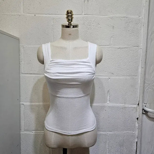 [BUNJANG] Shirred Square Neck Sleeveless Top - White / 앞셔링 가슴이중안감 스퀘어넥 민소매- 화이트
