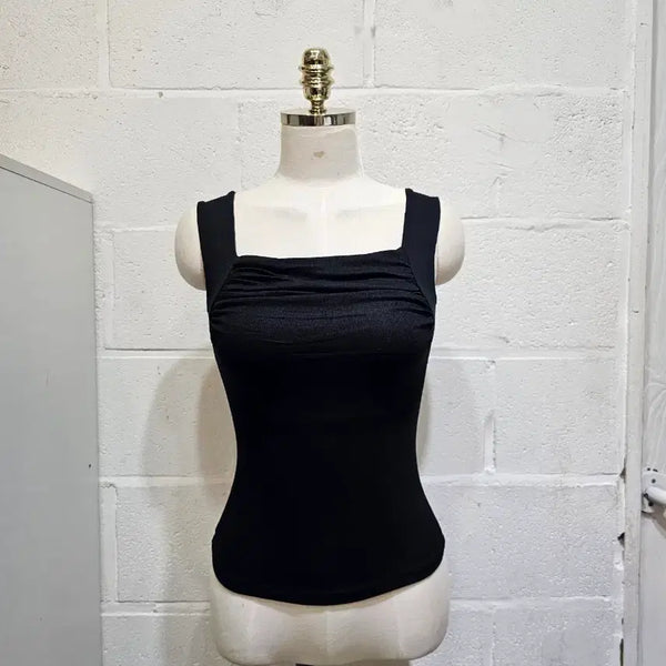 [BUNJANG] Black Square Neck Sleeveless Top with Front Shirring and Double Lining / 앞셔링 가슴이중안감 스퀘어넥 민소매- 블랙