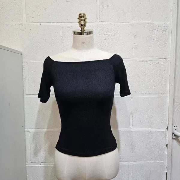 [BUNJANG] Off-Shoulder Cropped Ribbed Short-Sleeve T-Shirt - Black / 오프숄더 크롭 골지 반팔- 블랙