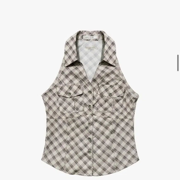 [BUNJANG] Fancy Club Pocket Check Halterneck Top Beige / 팬시클럽 포켓 체크 홀터넥 탑 베이지