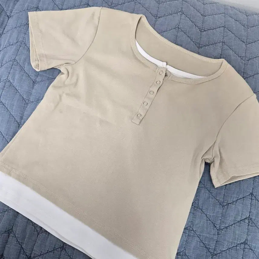 [BUNJANG] Beige Layered Short Sleeve T-Shirt / (새상품)베이지색 레이어드 반팔 티셔츠