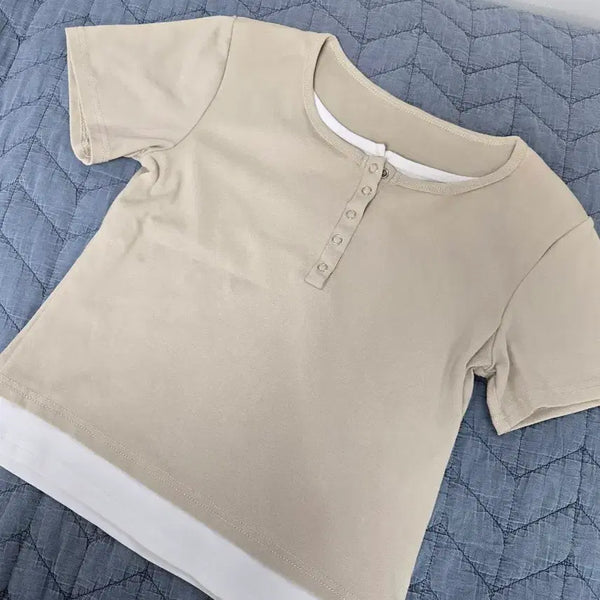 [BUNJANG] Beige Layered Short Sleeve T-Shirt / (새상품)베이지색 레이어드 반팔 티셔츠