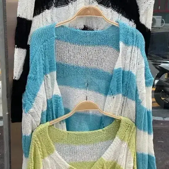 [BUNJANG] Stripe Knit Cardigan Blue/Green / 스트라이프 니트 가디건 블루/그린
