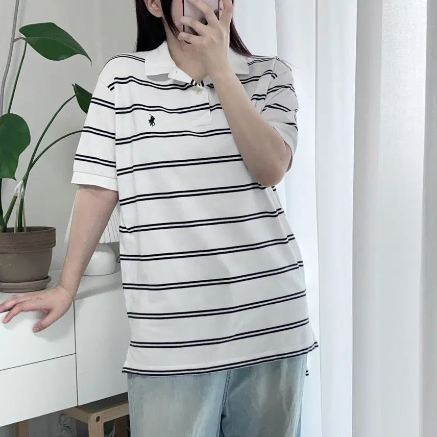 [BUNJANG] Polo Ralph Lauren White/Black Pony Striped Short Sleeve Polo Shirt M / 폴로 화이트 / 블랙포니 단가라 반팔카라티 [ M ]