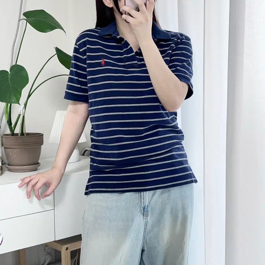 [BUNJANG] Polo Ralph Lauren Navy Red Pony White Striped Short Sleeve Polo Shirt / 폴로 네이비 / 레드포니 화이트단가라 반팔카라티 [ S ]