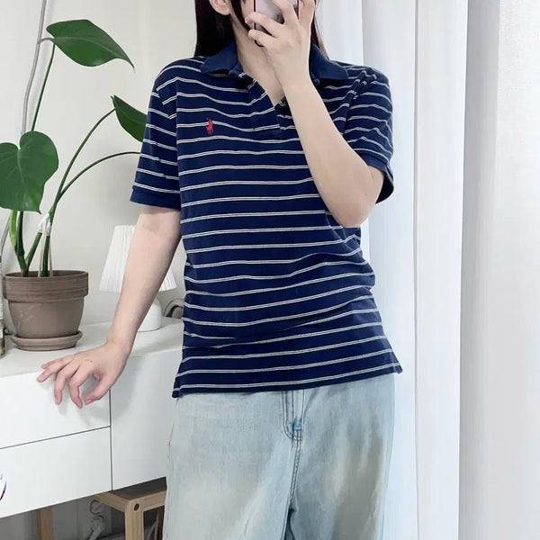 [BUNJANG] Polo Ralph Lauren Navy Red Pony White Striped Short Sleeve Polo Shirt / 폴로 네이비 / 레드포니 화이트단가라 반팔카라티 [ S ]