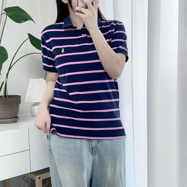 [BUNJANG] Polo Ralph Lauren Navy/Green Pony Pink Striped Short Sleeve Polo Shirt M / 폴로 네이비 / 연두포니 핑크단가라 반팔카라티 [ M ]