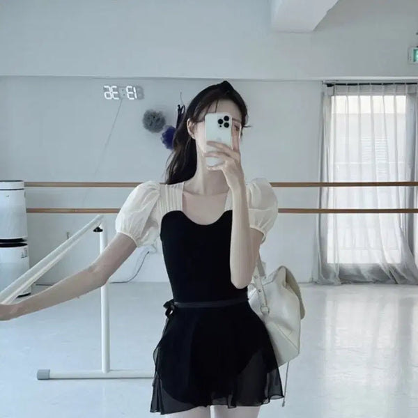 [BUNJANG] La Belle Blanc Noir Puff Leotard & Noir Chiffon Skirt Set / 라벨르블랑 누아 퍼프 레오타드 & 누아 쉬폰 스커트 블랙