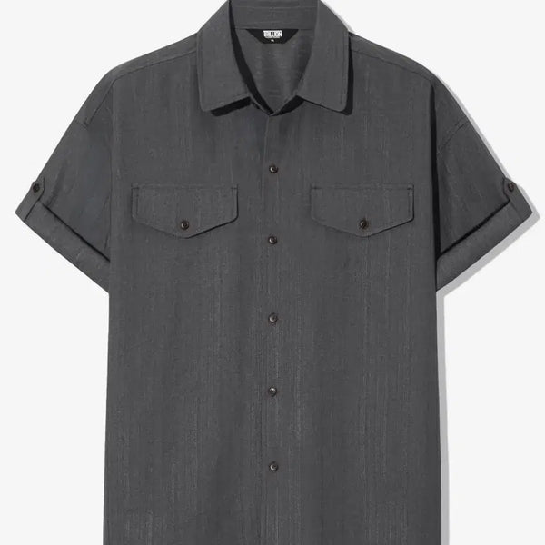 [BUNJANG] Trillion Herringbone Oversized Roll-up Half Shirt Charcoal / [트릴리온] 헤링본 오버핏 롤업 하프 셔츠_차콜