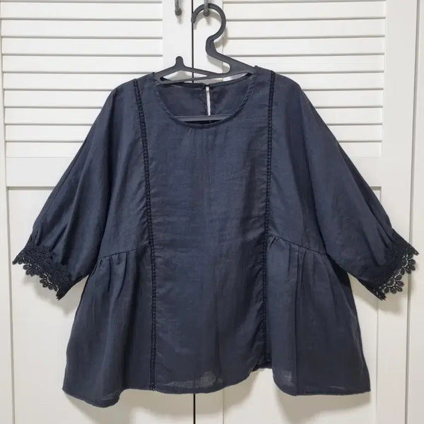 [BUNJANG] Linen 100% 7-Sleeve Blouse - Black, One Size / (새옷)린넨100 7부소매블라우스. 프리사이즈. 블랙