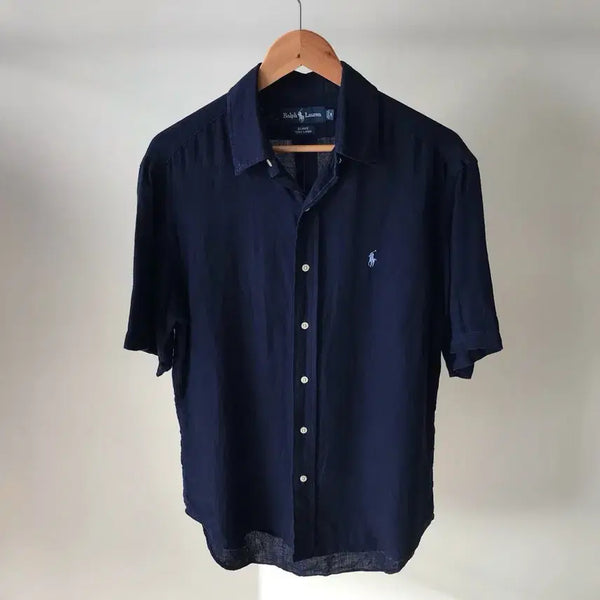 [BUNJANG] Polo Navy Linen Short Sleeve Shirt / 폴로 네이비 린넨 반팔 셔츠