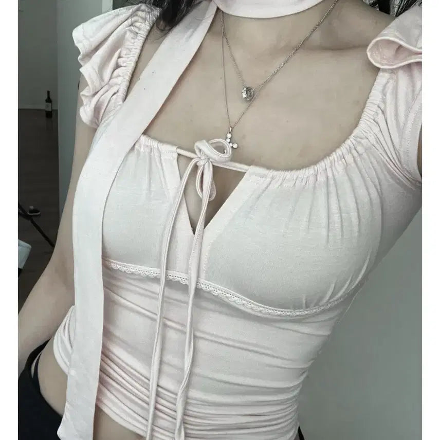 [BUNJANG] Angel Number 555 Lace Tie Top - Soft Pink / 엔젤넘버555 레이스 타이 탑 소프트 핑크