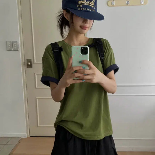 [BUNJANG] Colorblock Lined Olive T-Shirt / 배색 안감 올리브 티셔츠 (새상품)