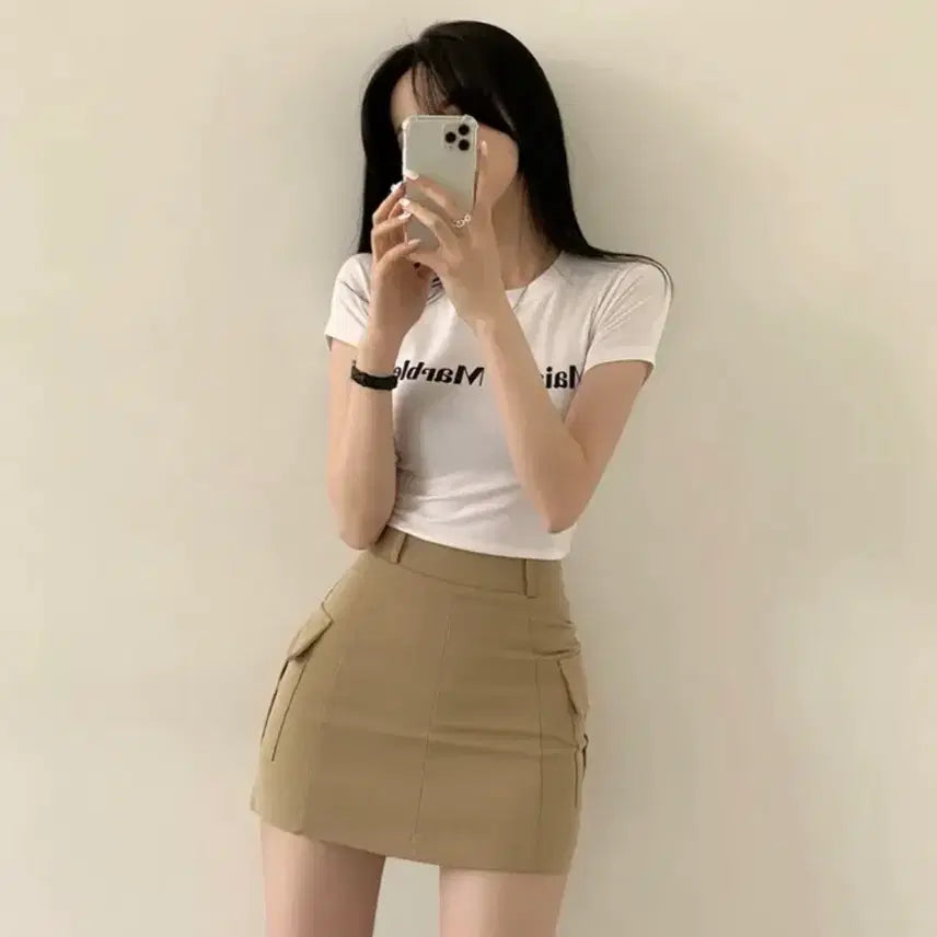 [BUNJANG] High-Waisted Pocket Cargo Mini Skirt - Beige / 하이웨스트 포켓 카고 미니스커트 베이지