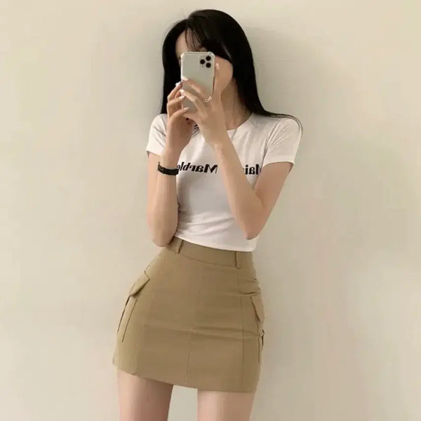 [BUNJANG] High-Waisted Pocket Cargo Mini Skirt - Beige / 하이웨스트 포켓 카고 미니스커트 베이지