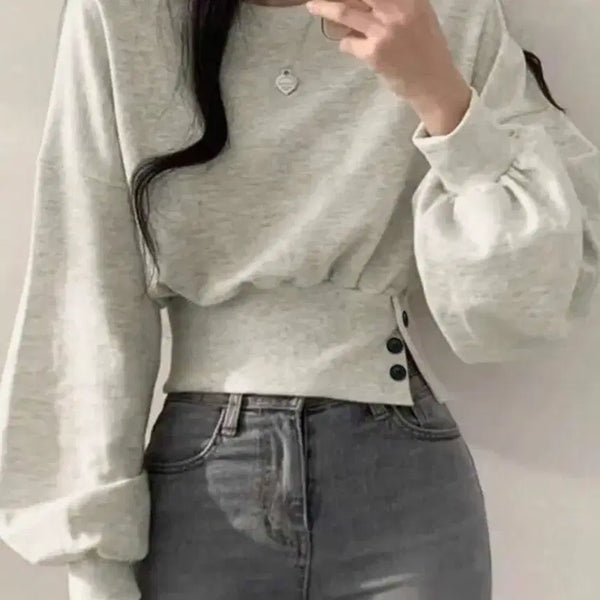 [BUNJANG] Gray Cropped Sweatshirt / 크롭 그레이 단추 맨투맨 에이블리 교신