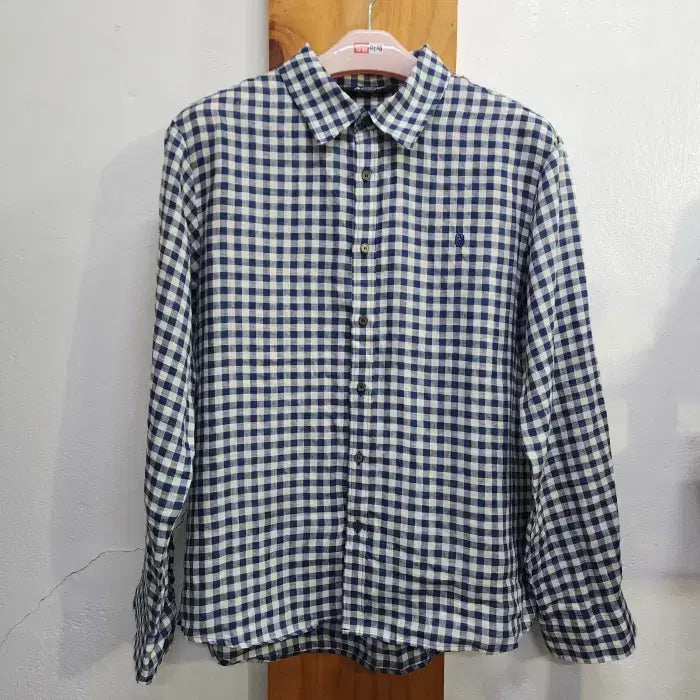 [BUNJANG] Aquascutum Men's Linen Gingham Check Long Sleeve Shirt Navy & White (Size 110) / 아쿠아스큐텀 남성 린넨 깅엄체크 긴팔 셔츠 (110)