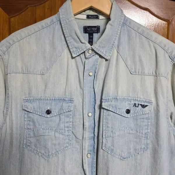 [BUNJANG] Armani Jeans Vintage Washed Denim Western Shirt - Size M (100) / 알마니 워싱 데님 셔츠 M 100 아르마니 빈티지 블루 청 자켓 셔켓 반팔 티셔츠 등산 캠핑 골프 러닝 무신사
