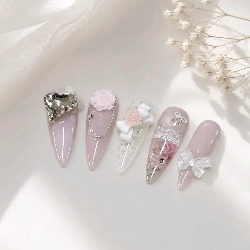 [BUNJANG] Handmade Nail Tips with Big Heart Stone, Rose, Lace, Ribbon, Vintage Flower Design / 수제 네일팁