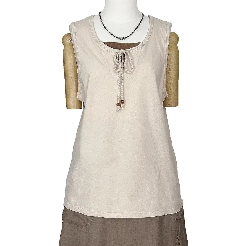 [BUNJANG] Japanese Vintage Ribbed Sleeveless Top with Neck Contrast / 일본빈티지 넥배색 여름우드리본끈 민소매나시티 베이지 모리걸갸루y2k히피에스닉