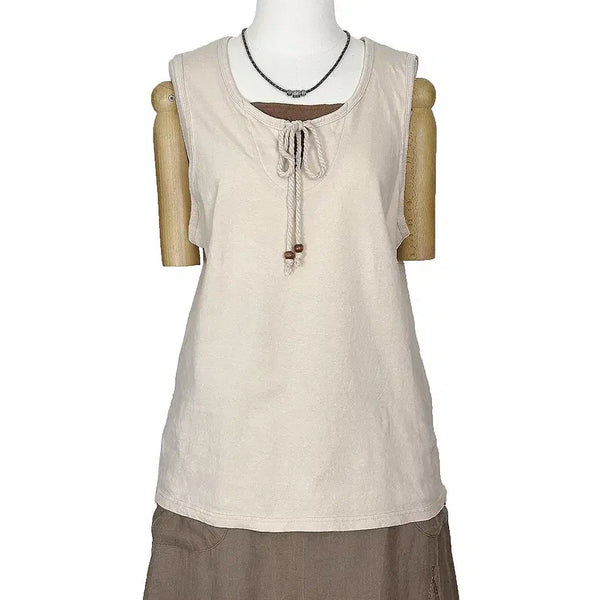[BUNJANG] Japanese Vintage Ribbed Sleeveless Top with Neck Contrast / 일본빈티지 넥배색 여름우드리본끈 민소매나시티 베이지 모리걸갸루y2k히피에스닉