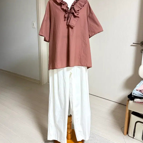 [BUNJANG] S.J Trust Ruffle Blouse + Gallery Cotton Pants Set / 바삭이 러플블라우스+코튼 팬츠 세트
