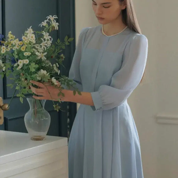 [BUNJANG] Bride And You Karla Round Neck Organza Flare Long Dress Blue Size 0 / 브라이드앤유 KARLA 라운드넥 오간자 플레어 롱드레스