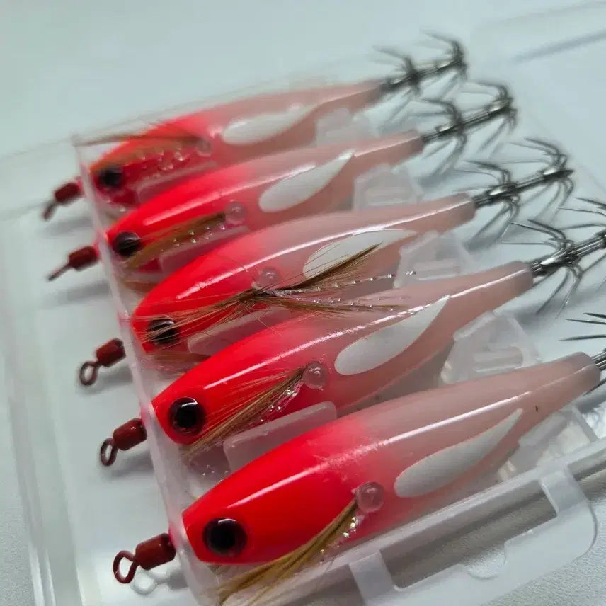[BUNJANG] Fishing Lures (Octopus & Cuttlefish) - Glow in the Dark & UV Reactive - 8cm, 5.7g - 5pc Set with Case / 쭈꾸미 갑오징어 누드 고추장 에기 야광 축광 에기 (케이스 포함 / 8cm 5.7g)