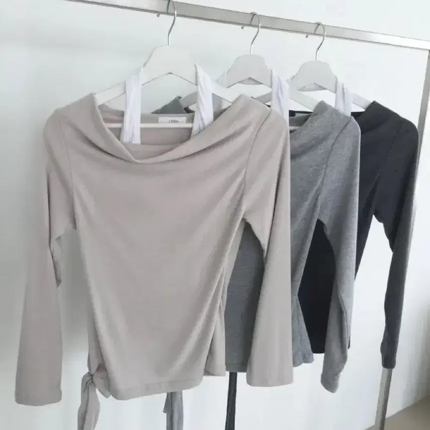 [BUNJANG] Halter Neck Spandex Long Sleeve T-Shirt - Beige, Grey, Charcoal / <새상품> 홀터넥 스판 긴팔티 -베이지 그레이 차콜