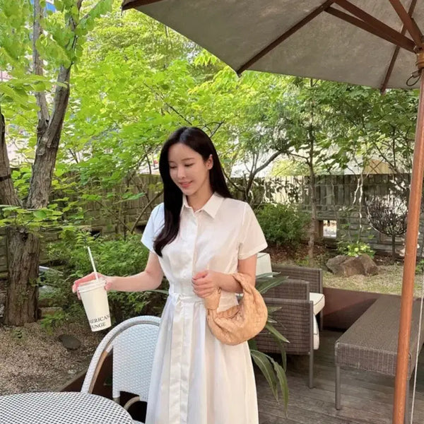 [BUNJANG] Mini To Summer Short Sleeve Collar Shirt Pintuck Flare Belt Guest Look Long Dress - White / 미니또 여름 반팔 카라 셔츠 핀턱 플레어 벨트 하객룩 롱 원피스 화이트