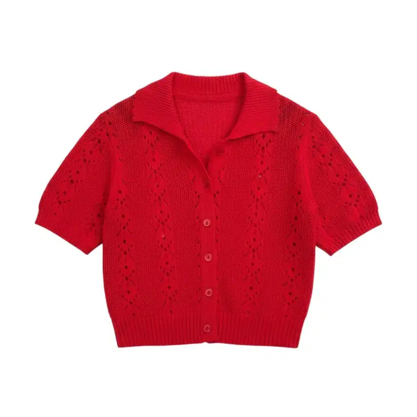 [BUNJANG] Vintage King Women's Red Punching Short-Sleeve Cardigan / 여성F/ 레드 펀칭 반팔 가디건 빈티지킹