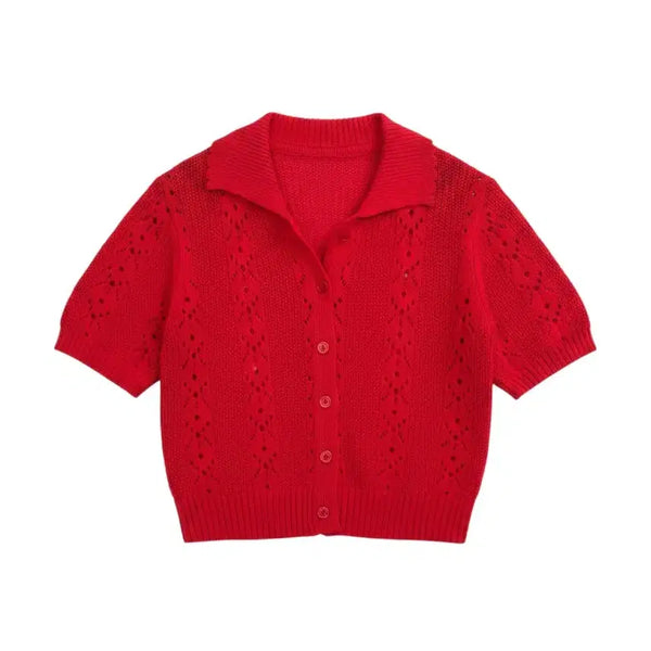 [BUNJANG] Vintage King Women's Red Punching Short-Sleeve Cardigan / 여성F/ 레드 펀칭 반팔 가디건 빈티지킹