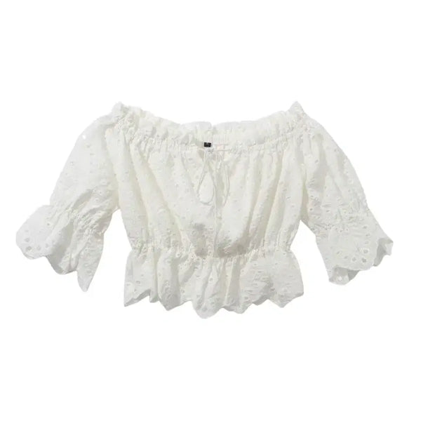 [BUNJANG] Vintage Punching Off-Shoulder Cropped Blouse / 여성XS-S/ 펀칭 크롭 오프숄더 블라우스 빈티지킹