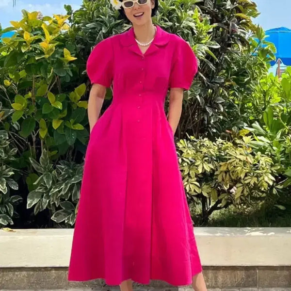 [BUNJANG] AND YOU Kim Nayoung Linen Collar Puff Sleeve Long Dress Magenta Pink / 앤유 김나영 롱 원피스 린넨 반팔 휴가 휴양지 카라 퍼프 핫핑크 여행룩 마젠타핑크