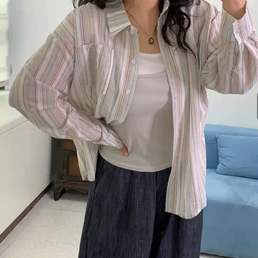 [BUNJANG] Striped Thin Linen Shirt / 간절기 스트라이프 얇은 린넨 셔츠