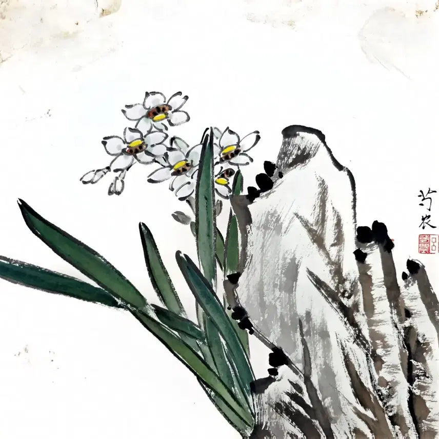 [BUNJANG] Chinese Modern Art 'Narcissus and Rock' Original Painting (Paper Only, Framed) / [골동/인테리어] 은은한 동양화 '수선화와 괴석' 원화 소품 (액자용 종이 상태)