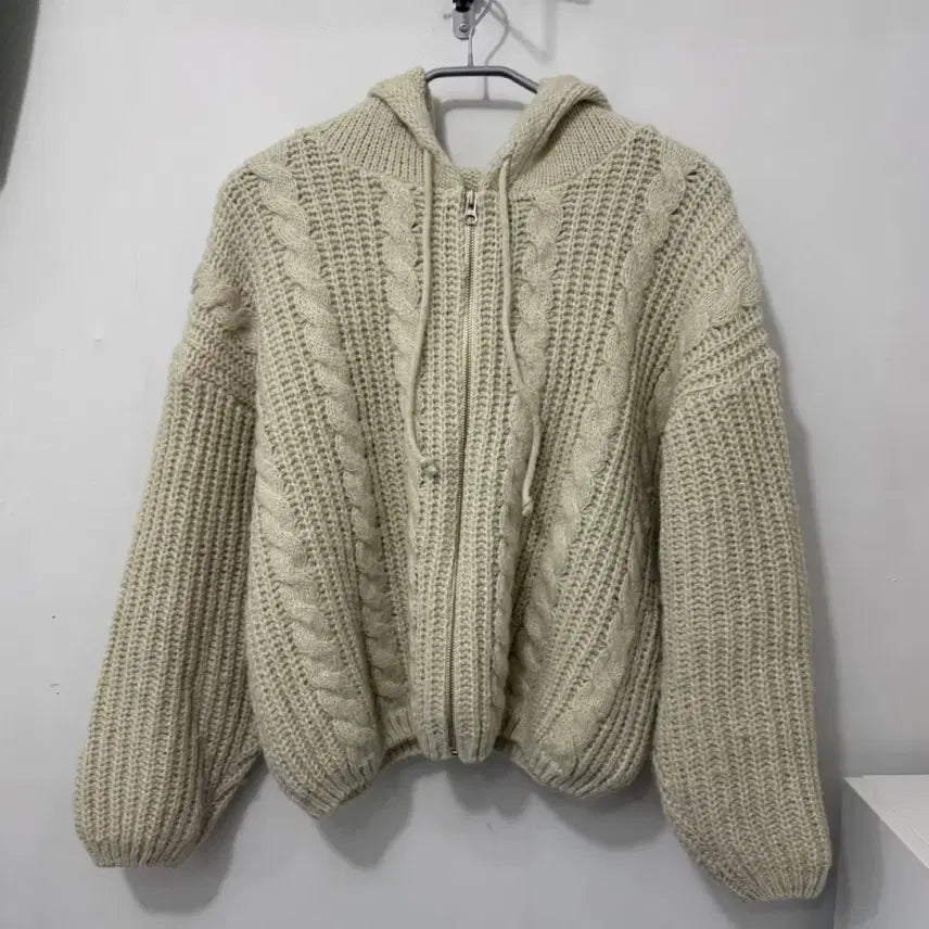 [BUNJANG] Women's Knit Hooded Zip-Up Cardigan - Ivory / 니트 후드집업 가디건 아이보리