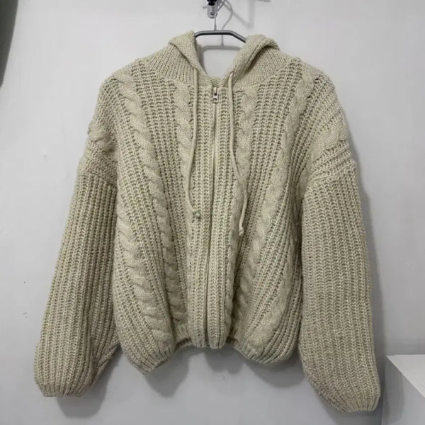 [BUNJANG] Women's Knit Hooded Zip-Up Cardigan - Ivory / 니트 후드집업 가디건 아이보리