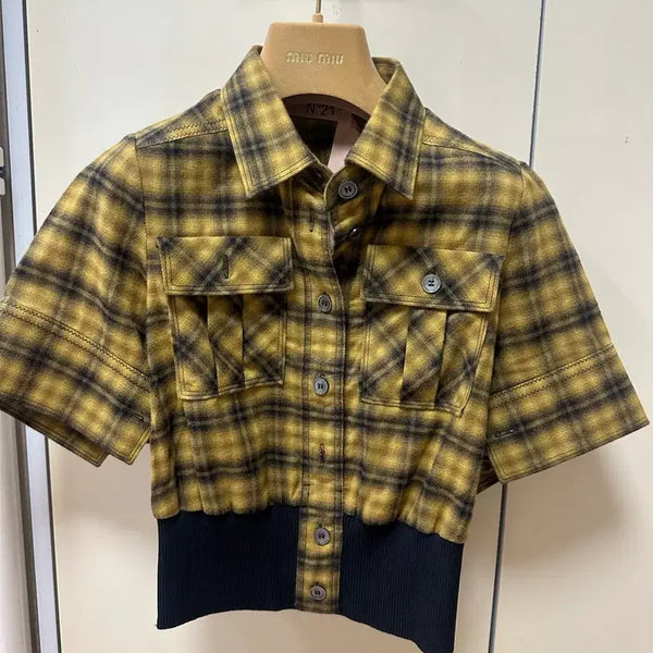 [BUNJANG] N21 Cropped Yellow Check Short Sleeve Blouse - Size 38 / N21 체크 셔츠 38