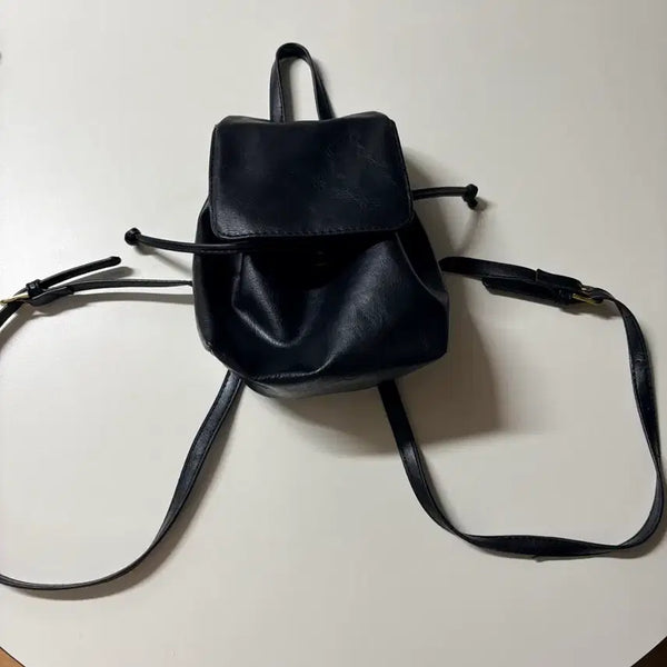 [BUNJANG] Leather Black Mini Drawstring Backpack / 레더 블랙 미니 복조리 백팩