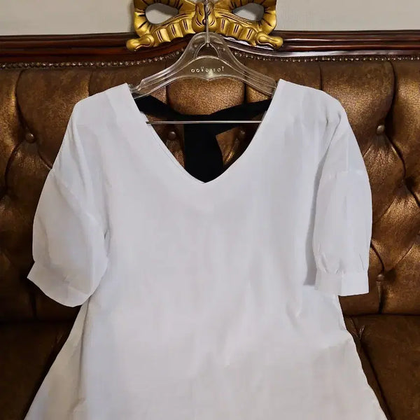 [BUNJANG] White Black Ribbon Blouse / 화이트 컬러 블랙 리본 블라우스 새상품