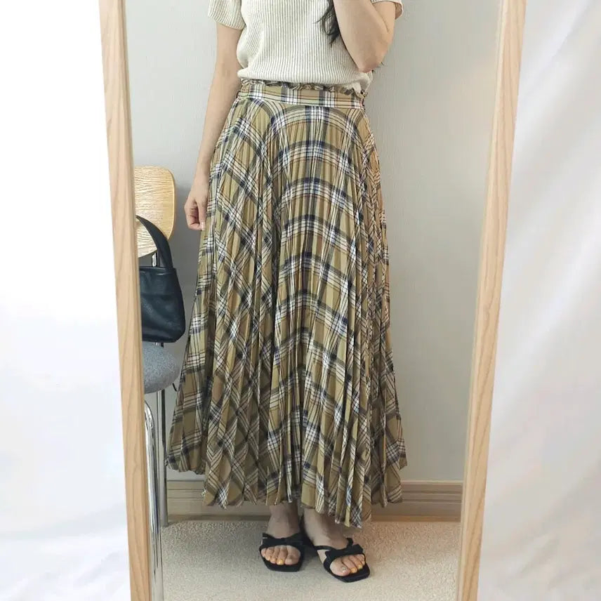 [BUNJANG] Heather Vintage Check Long Flare Skirt with Back Elastic Waist / (F)Heather 일본빈티지 여성 체크 롱 스커트 뒷밴딩 F14W4453