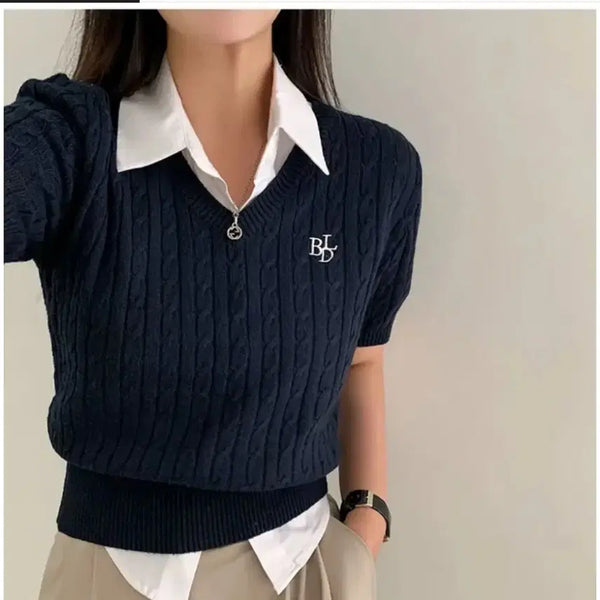 [BUNJANG] Badeli V-Neck Short Sleeve Knit Sweater (Navy) / 새상품) 에이블리 베이델리 꽈배기 브이넥 반팔 니트