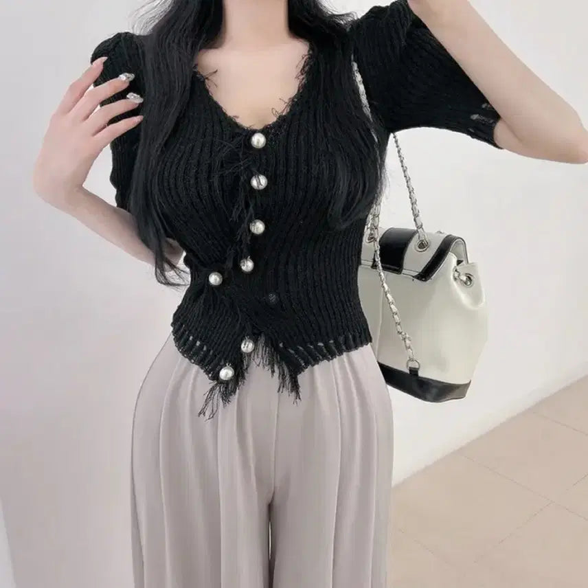 [BUNJANG] Ablily Pearl Two-Way Short-Sleeve Tassel Cardigan / 새상품) 에이블리 진주 투웨이 여름 반팔 수술 가디건