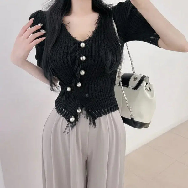 [BUNJANG] Ablily Pearl Two-Way Short-Sleeve Tassel Cardigan / 새상품) 에이블리 진주 투웨이 여름 반팔 수술 가디건