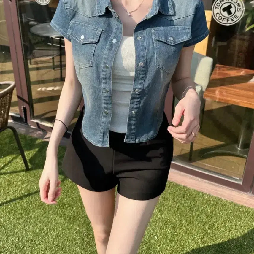 [BUNJANG] Women's Cropped Denim Jacket (Light Blue Wash, Slim Fit, Stretch) / 새상품) 크롭 반팔 청자켓 데님 워싱 청남방 스판 슬림핏