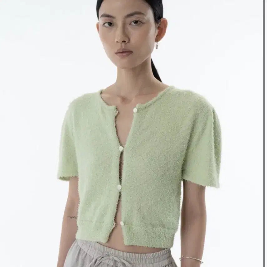 [BUNJANG] Amomento Short Sleeve Cardigan Olive Green / 아모멘토(amomento) 반팔 가디건 올리브그린